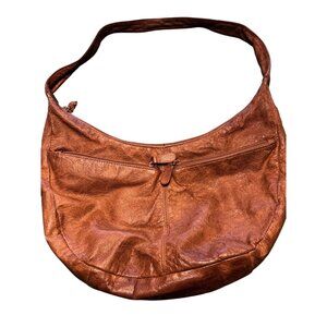 Brown Leather Shoulder Bag With Zipper Details & Brass Accent